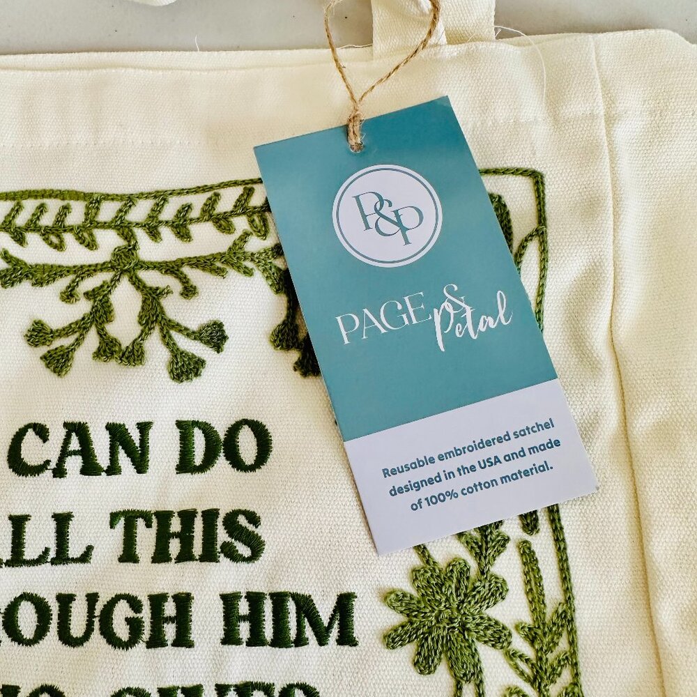 PAGE & PETAL P & P EMBROIDERED BIBLE PHILIPPIANS 4:13 CANVAS SHOPPER TOTE UNISEX - Picture 5 of 5